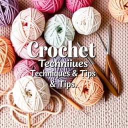 A beautifully designed ebook cover for 'Crochet Techniques & Tips,' featuring a cozy and creative theme