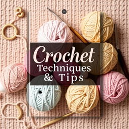 A beautifully designed ebook cover for 'Crochet Techniques & Tips,' featuring a cozy and creative theme