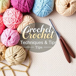 A beautifully designed ebook cover for 'Crochet Techniques & Tips,' featuring a cozy and creative theme