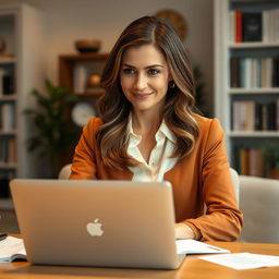 A 43-year-old European woman with brunette hair, sitting gracefully at a desk in an indoor setting