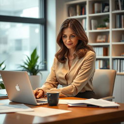 A 43-year-old European woman with brunette hair, sitting gracefully at a desk in an indoor setting