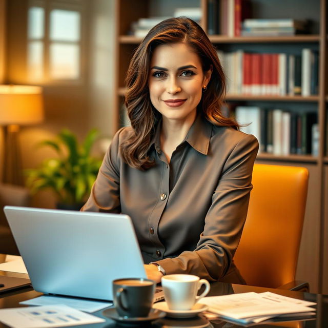 A 43-year-old European woman with brunette hair, sitting gracefully at a desk in an indoor setting