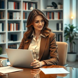 A 43-year-old European woman with brunette hair, sitting gracefully at a desk in an indoor setting