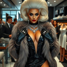 A gorgeous, ultra-rich woman exuding an air of evil with dark, seductive eyes and striking makeup