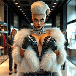 A gorgeous, ultra-rich woman exuding an air of evil with dark, seductive eyes and striking makeup