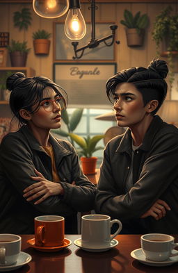 A dramatic scene depicting two friends who have known each other since childhood, now adults facing a tumultuous moment in their friendship