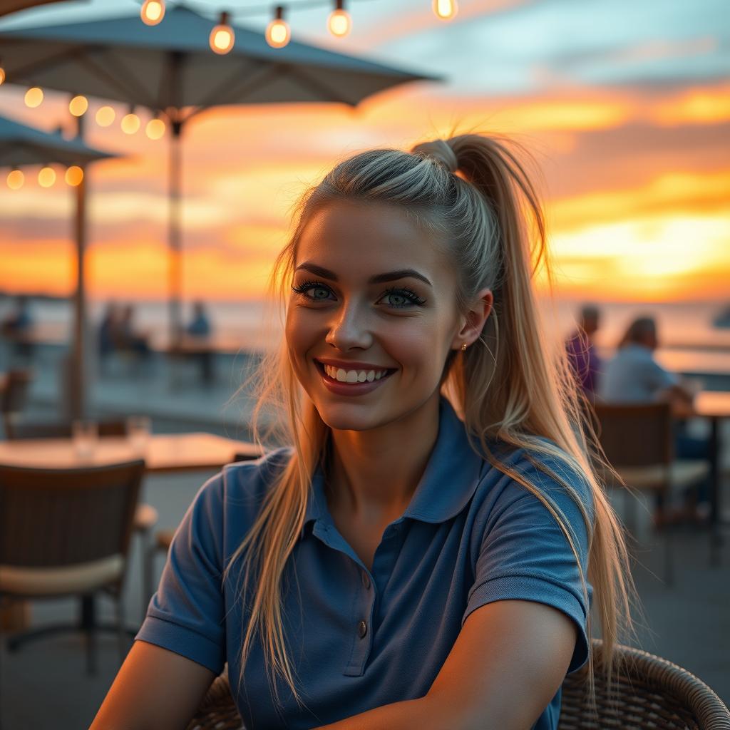 A masterpiece, hyper-realistic and photo-realistic image of a beautiful French woman in her 20s, relaxing at a café terrace on the beach during sunset