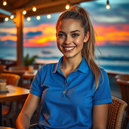 A masterpiece, hyper-realistic and photo-realistic image of a beautiful French woman in her 20s, relaxing at a café terrace on the beach during sunset