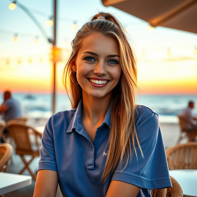 A masterpiece, hyper-realistic and photo-realistic image of a beautiful French woman in her 20s, relaxing at a café terrace on the beach during sunset