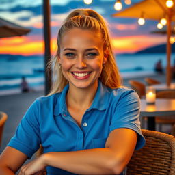 A masterpiece, hyper-realistic and photo-realistic image of a beautiful French woman in her 20s, relaxing at a café terrace on the beach during sunset