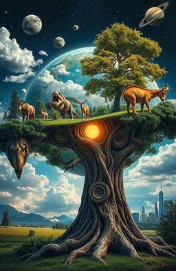 A surreal depiction of the world being created over a long period of time, showcasing different eras and changes in nature and civilization