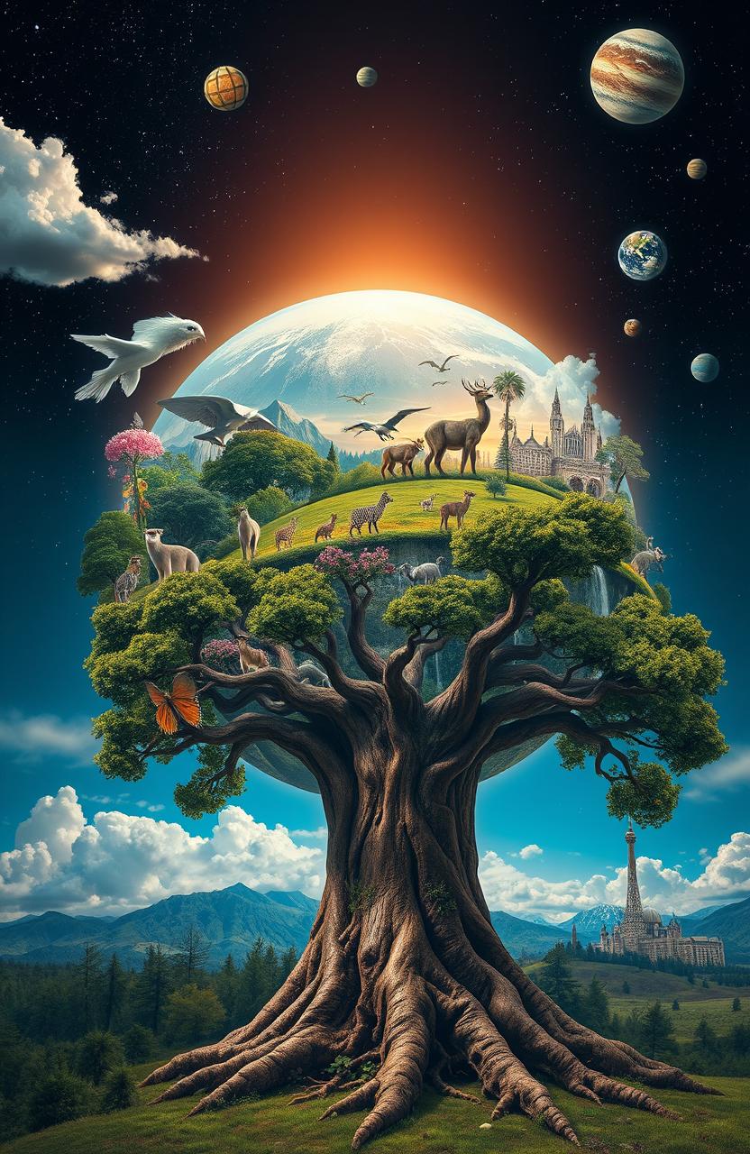 A surreal depiction of the world being created over a long period of time, showcasing different eras and changes in nature and civilization