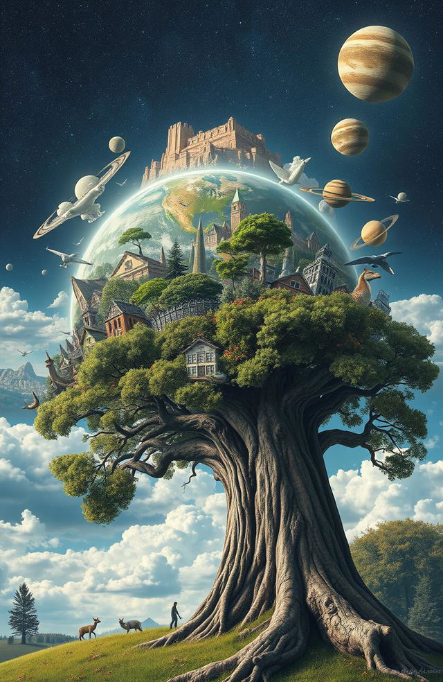 A surreal depiction of the world being created over a long period of time, showcasing different eras and changes in nature and civilization