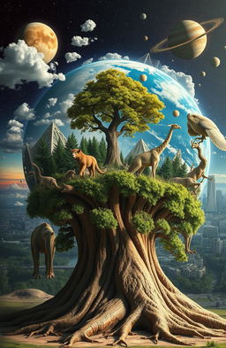 A surreal depiction of the world being created over a long period of time, showcasing different eras and changes in nature and civilization