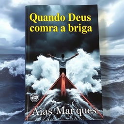 A captivating book cover featuring a person with arms wide open on the bow of a boat in the middle of a stormy sea, reminiscent of the iconic Titanic scene