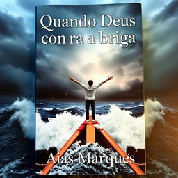 A captivating book cover featuring a person with arms wide open on the bow of a boat in the middle of a stormy sea, reminiscent of the iconic Titanic scene