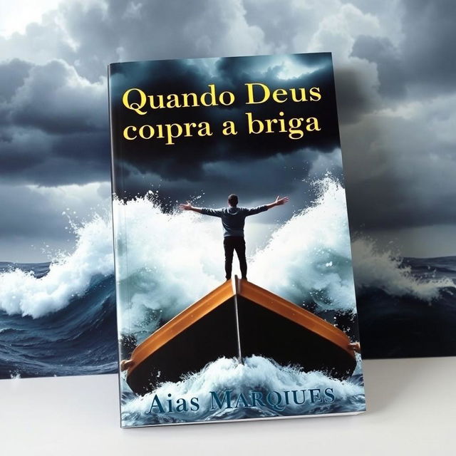 A captivating book cover featuring a person with arms wide open on the bow of a boat in the middle of a stormy sea, reminiscent of the iconic Titanic scene