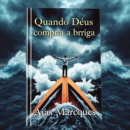 A captivating book cover featuring a person with arms wide open on the bow of a boat in the middle of a stormy sea, reminiscent of the iconic Titanic scene
