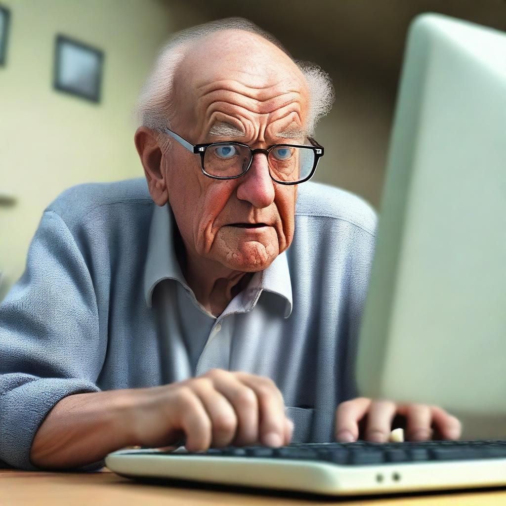 A photorealistic image of the highest quality, capturing an elderly man with glasses as he looks at a computer screen