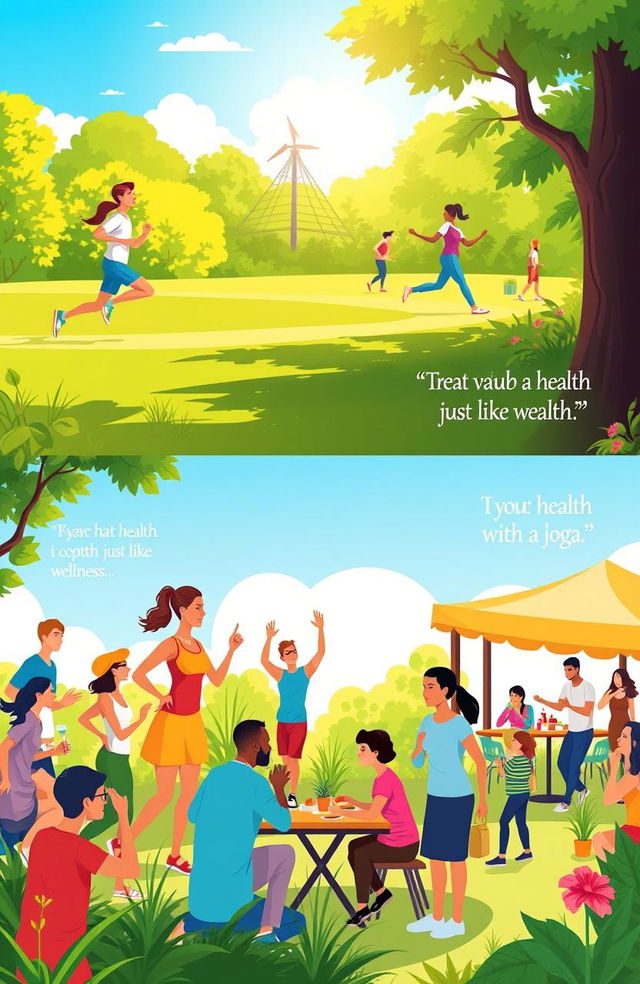 A vibrant and inspiring scene illustrating the concept of treating health as a valuable resource, just like wealth