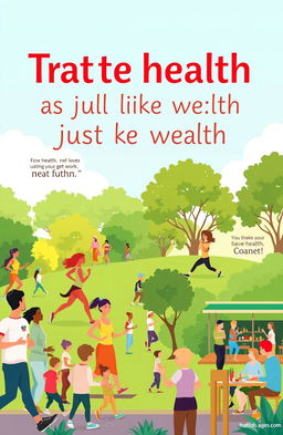 A vibrant and inspiring scene illustrating the concept of treating health as a valuable resource, just like wealth