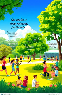 A vibrant and inspiring scene illustrating the concept of treating health as a valuable resource, just like wealth