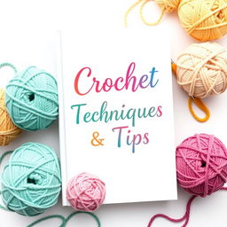 A beautifully designed ebook cover for 'Crochet Techniques & Tips,' featuring a cozy and creative theme