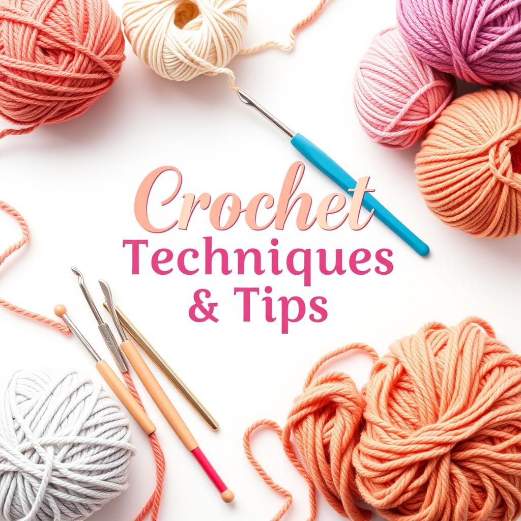 A beautifully designed ebook cover for 'Crochet Techniques & Tips,' featuring a cozy and creative theme