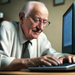 A photorealistic image of the highest quality, capturing an elderly man with glasses as he looks at a computer screen