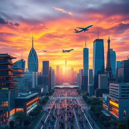 An expansive city skyline representing globalization, featuring modern skyscrapers with unique architectural styles from around the world, such as Asian pagodas, European gothic spires, and sleek American glass buildings
