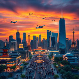 An expansive city skyline representing globalization, featuring modern skyscrapers with unique architectural styles from around the world, such as Asian pagodas, European gothic spires, and sleek American glass buildings