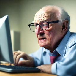 A photorealistic image of the highest quality, capturing an elderly man with glasses as he looks at a computer screen