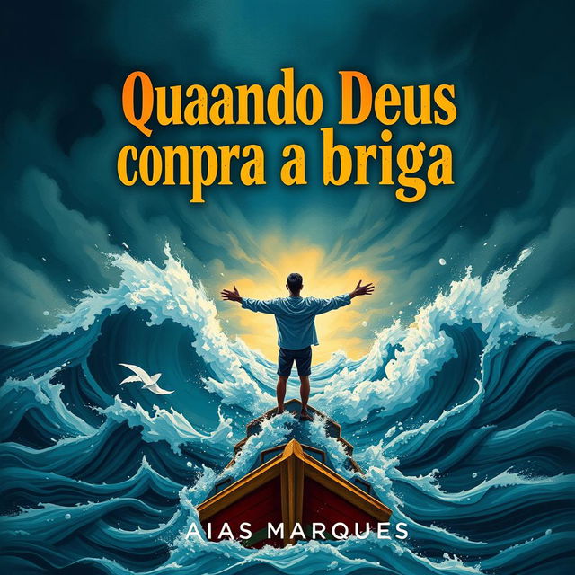 A dramatic book cover illustration featuring a person standing with arms wide open on a boat at sea, reminiscent of the iconic Titanic scene, amidst a fierce storm with massive waves crashing around