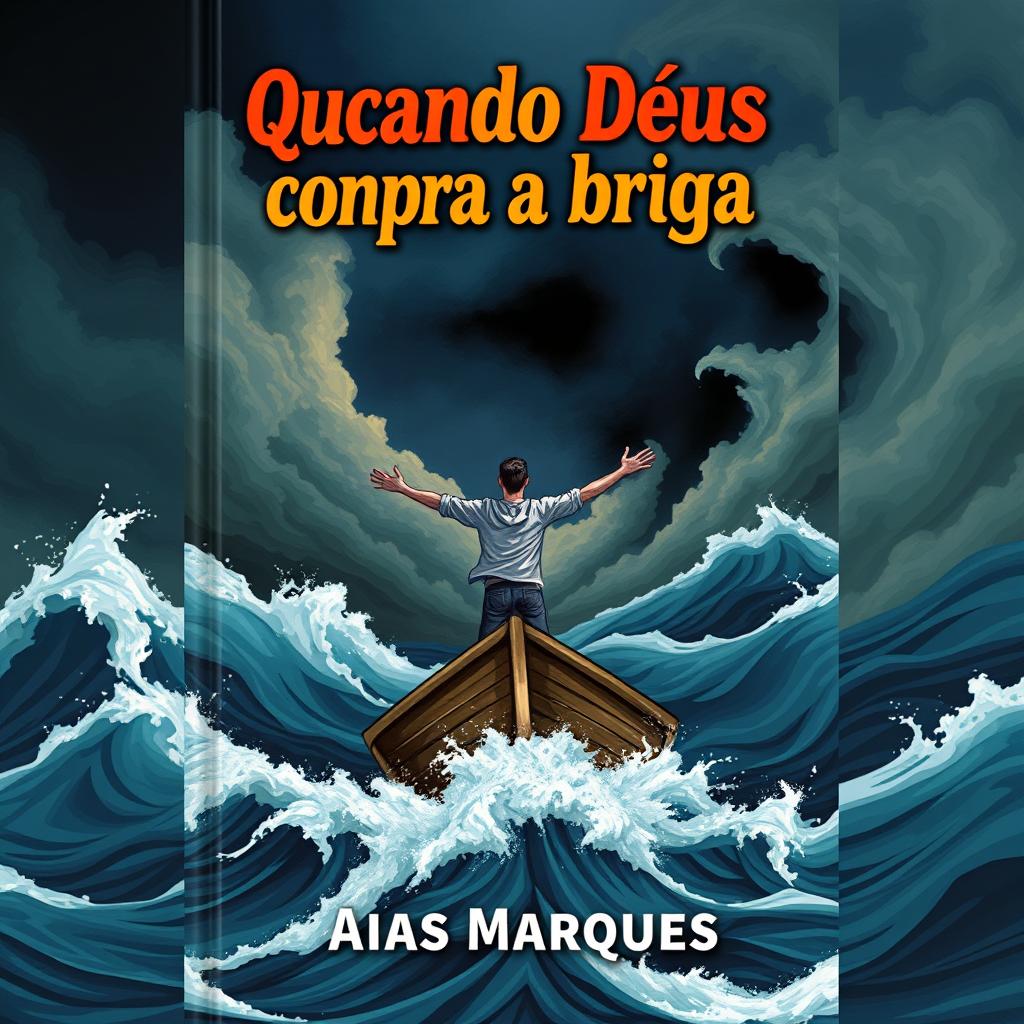 A dramatic book cover illustration featuring a person standing with arms wide open on a boat at sea, reminiscent of the iconic Titanic scene, amidst a fierce storm with massive waves crashing around