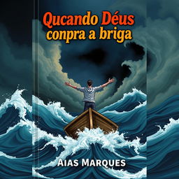 A dramatic book cover illustration featuring a person standing with arms wide open on a boat at sea, reminiscent of the iconic Titanic scene, amidst a fierce storm with massive waves crashing around