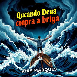 A dramatic book cover illustration featuring a person standing with arms wide open on a boat at sea, reminiscent of the iconic Titanic scene, amidst a fierce storm with massive waves crashing around