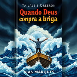 A dramatic book cover illustration featuring a person standing with arms wide open on a boat at sea, reminiscent of the iconic Titanic scene, amidst a fierce storm with massive waves crashing around