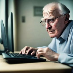 A photorealistic image of the highest quality, capturing an elderly man with glasses as he looks at a computer screen