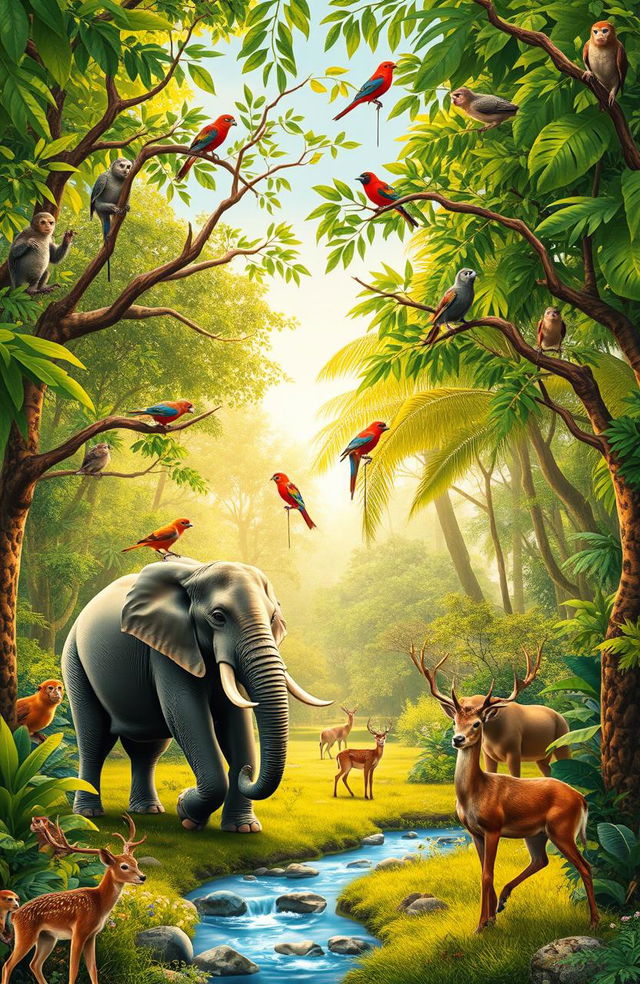 A vibrant scene of various animals in a lush, green forest