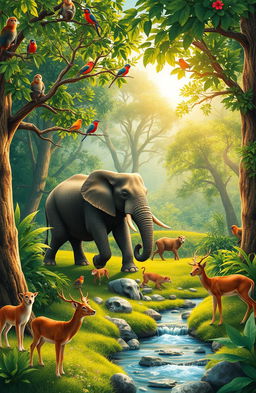 A vibrant scene of various animals in a lush, green forest