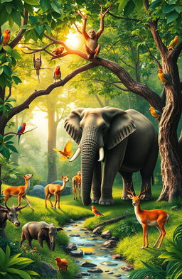 A vibrant scene of various animals in a lush, green forest