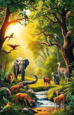 A vibrant scene of various animals in a lush, green forest
