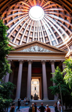 A visually stunning interpretation of the Pantheon in Rome, showcasing its magnificent dome and portico with grand Corinthian columns
