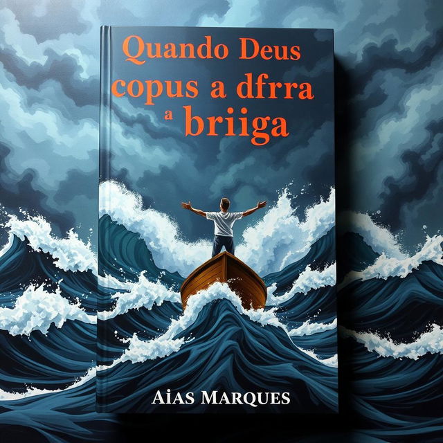 A captivating book cover illustration depicting a person standing with arms outstretched on a boat in the open sea, reminiscent of the iconic Titanic pose, surrounded by a tumultuous storm with towering waves crashing all around