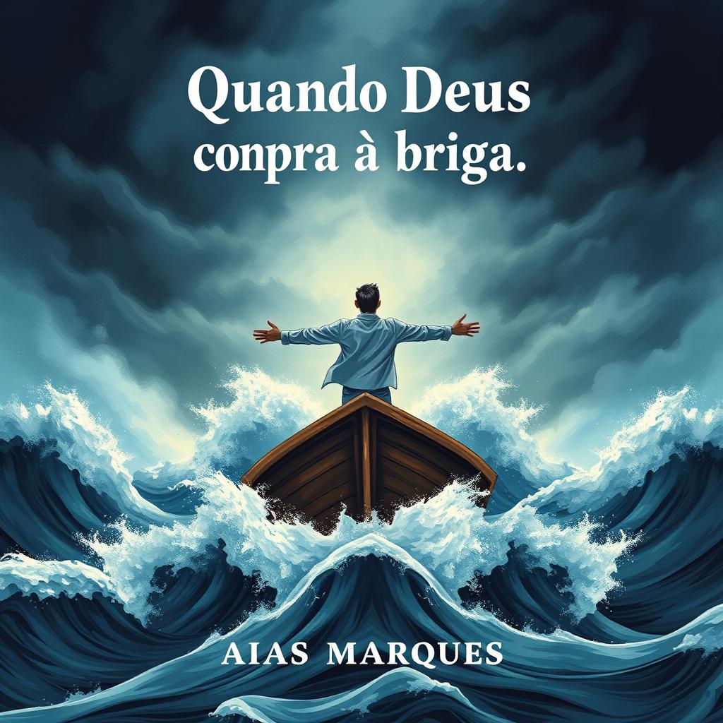 A captivating book cover illustration depicting a person standing with arms outstretched on a boat in the open sea, reminiscent of the iconic Titanic pose, surrounded by a tumultuous storm with towering waves crashing all around