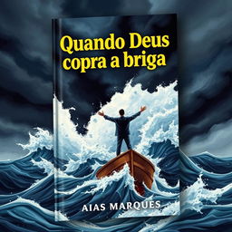 A captivating book cover illustration depicting a person standing with arms outstretched on a boat in the open sea, reminiscent of the iconic Titanic pose, surrounded by a tumultuous storm with towering waves crashing all around