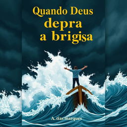 A captivating book cover illustration depicting a person standing with arms outstretched on a boat in the open sea, reminiscent of the iconic Titanic pose, surrounded by a tumultuous storm with towering waves crashing all around