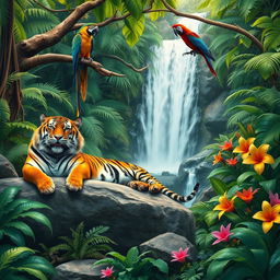 A lush, vibrant jungle scene featuring an assortment of exotic animals