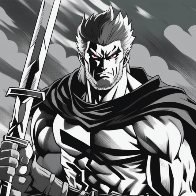 This digital art piece, created in the style of Berserk, now takes on a striking black and white color scheme, with the exception of some red accents