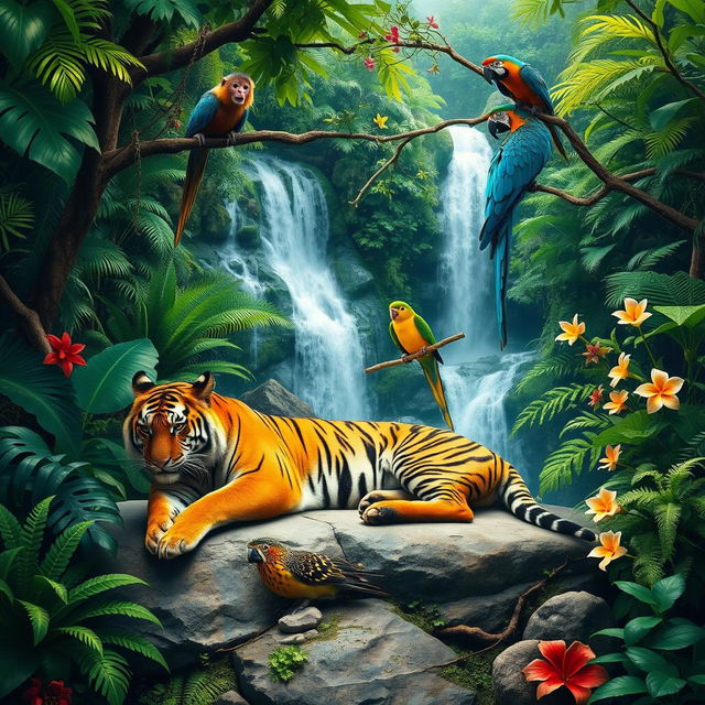 A lush, vibrant jungle scene featuring an assortment of exotic animals